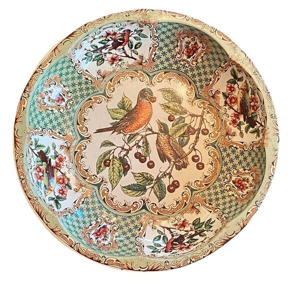 1971 Daher Decorated Ware Scalloped 10” Tin Bowl England Birds Berries 11101 - Picture 12 of 12